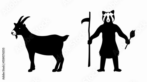 Silhouette of a goat standing next to a raccoon like figure holding a torch and a staff like object