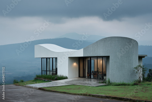 imagine futuristic architectural marvel that blends smooth organic shapes with glass and concrete seamlessly