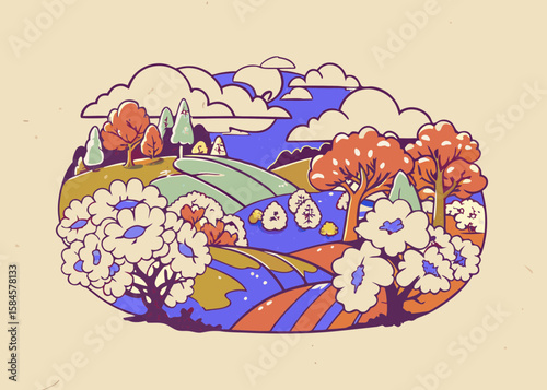 Festive spring scene with blooming trees, balloons, and flowers, for seasonal celebrations