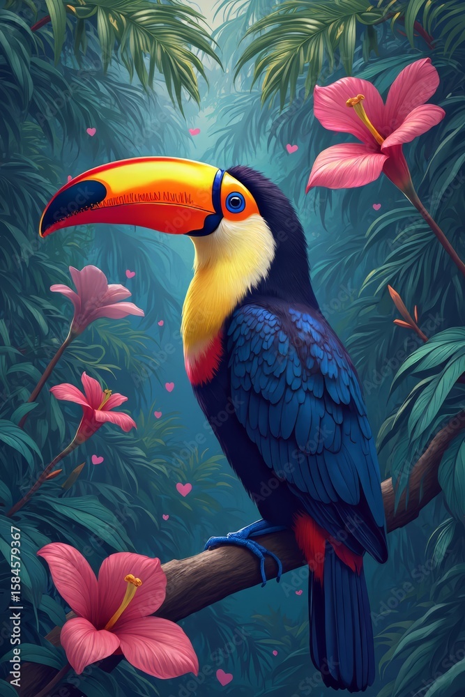 Fototapeta premium Colorful toucan perched on a branch surrounded by tropical flowers in forest