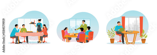 Lunch with Colleagues. Employees Meeting and Drinking Coffee. Busy Lunch Time.