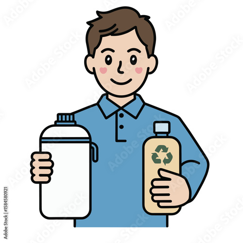 Cartoon man holding a white water bottle and a beige bottle with a recycling symbol on a black background