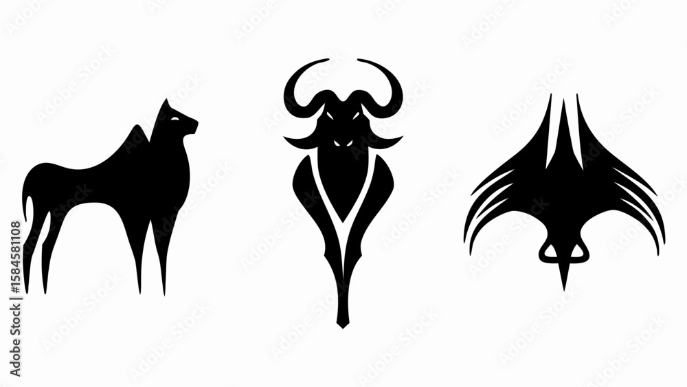 Fototapeta premium Three distinct black silhouette icons featuring an animal, a bull, and a winged creature design