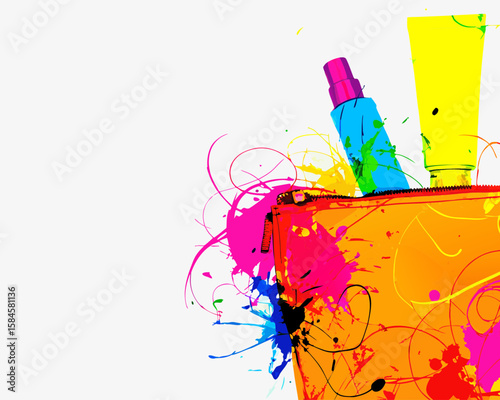 Colorful cosmetic bag with vibrant splashes, for beauty blogs