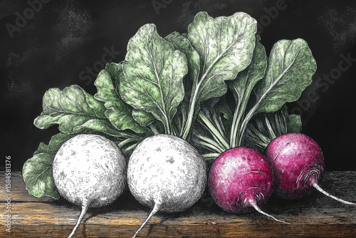 radishes on a wooden table.