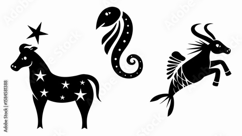 Illustration of a horse with stars, a seahorse, and a goat with a fish tail in black and white