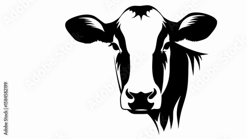 Illustration of a black and white cow head with detailed facial features and a simple background design