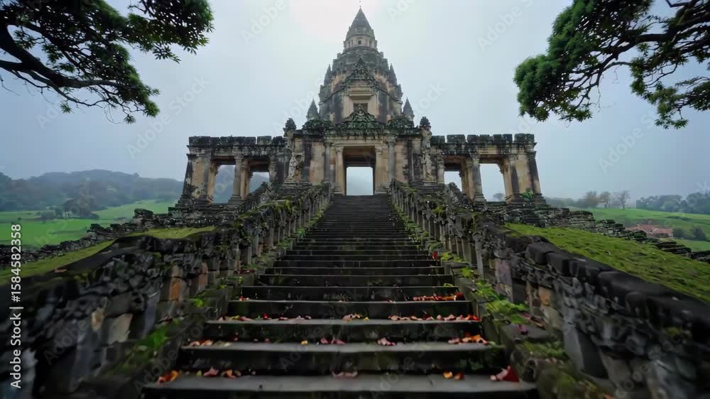 there is a stone staircase leading up to a stone building