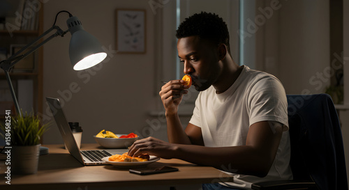 Young man working late at night in a home office eating snack while using a laptop and computer monitor with a desk lamp illuminating the workspace and a plant in the background