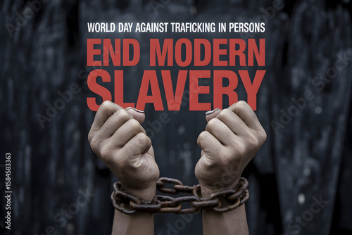 World day against trafficking portrays ending modern slavery with chained hands for justice and human rights awareness.