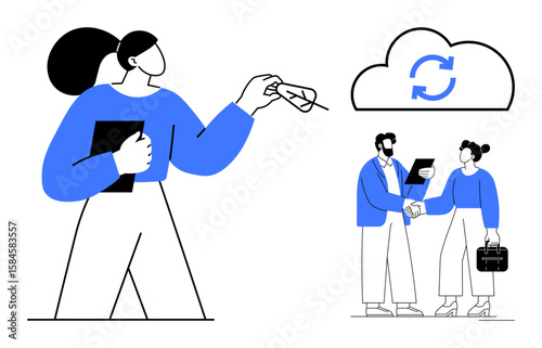Colleagues shaking hands, holding devices, and syncing files through a cloud with refresh icon. Ideal for teamwork, technology, networking, file sharing, business strategy, online collaboration