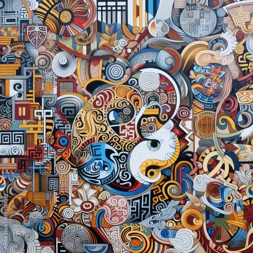 A mural that blends elements from multiple cultures such as Afri