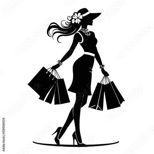 Stylish women in silhouette carry shopping bags, embodying fashion and shopping