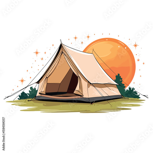 A camping tent set up in a forested mountain landscape at night