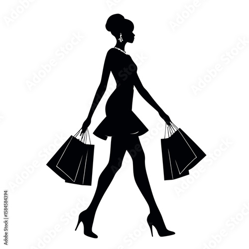 A fashionable woman happily walking with shopping bags