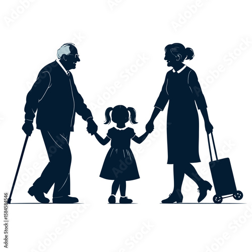 A loving couple and their child walk together, a black silhouette of a family illustration