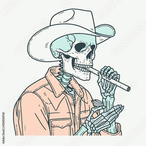 Skeleton as cowboy Chewing tobacco or straw. Cartoon Clipart Silhouette Vector Illustration Line Art Illustration. Bone figure like range person using dip plant stalk western theme.