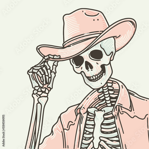 Skeleton as cowboy Giving a nod of acknowledgment. Cartoon Clipart Silhouette Vector Illustration Line Art Illustration. Bony fellow rancher offering gesture recognition with head movement.