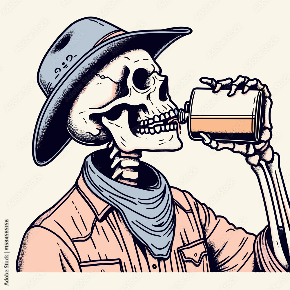Skeleton as cowboy Taking a swig from flask. Cartoon Clipart Silhouette Vector Illustration Line Art Illustration. Boney outlaw figure enjoys drink container in the wild west.