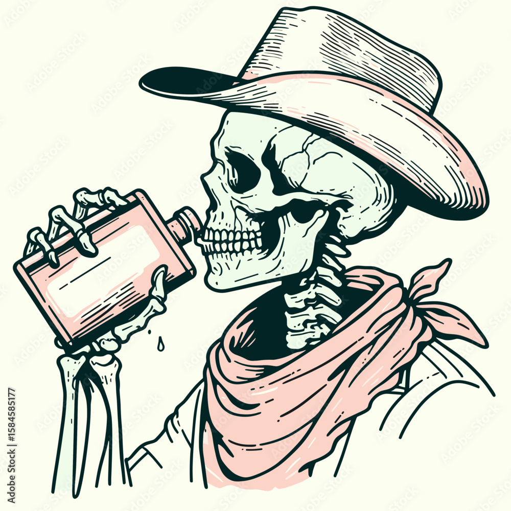 Skeleton as cowboy Taking a swig from flask. Cartoon Clipart Silhouette Vector Illustration Line Art Illustration. Bony gunslinger enjoys drink container western figure drinking liquor.