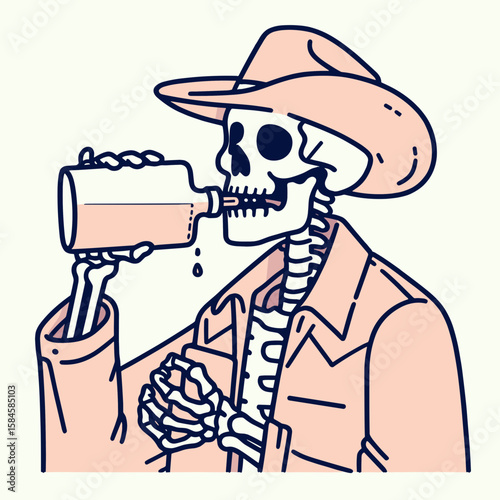 Skeleton as cowboy Taking a swig from flask. Cartoon Clipart Silhouette Vector Illustration Line Art Illustration. Bony figure in western garb drinks liquor container desert motif.