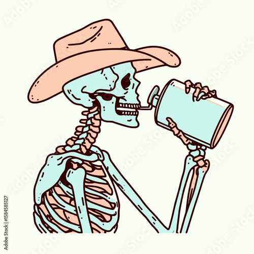 Skeleton as cowboy Taking a swig from flask. Cartoon Clipart Silhouette Vector Illustration Line Art Illustration. Bony gunslinger with container gulping brew western theme for artwork.