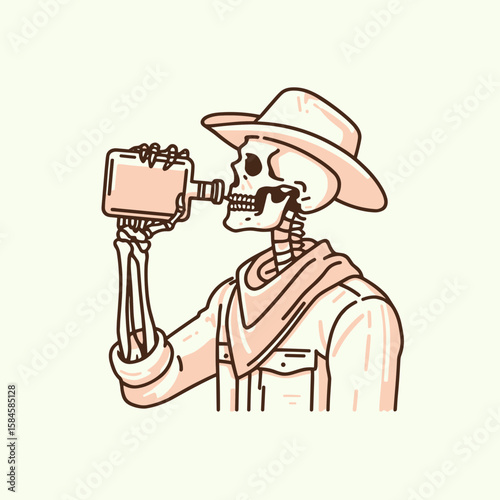 Skeleton as cowboy Taking a swig from flask. Cartoon Clipart Silhouette Vector Illustration Line Art Illustration. Bony gunslinger having drink container wild west trope.