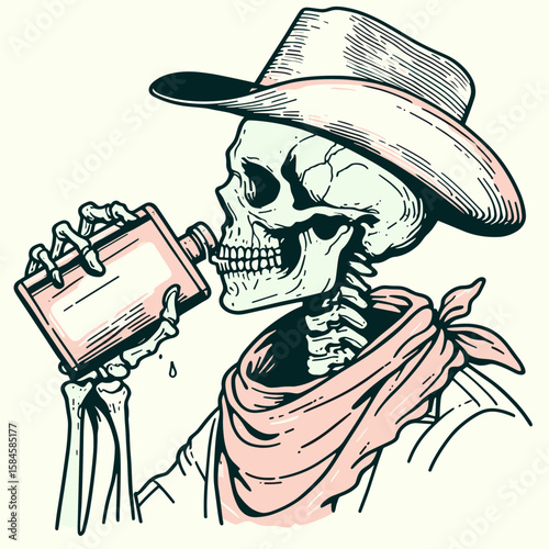 Skeleton as cowboy Taking a swig from flask. Cartoon Clipart Silhouette Vector Illustration Line Art Illustration. Bony gunslinger enjoys drink container western figure drinking liquor.