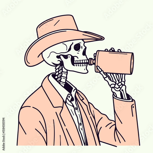 Skeleton as cowboy Taking a swig from flask. Cartoon Clipart Silhouette Vector Illustration Line Art Illustration. Bony desperado figure enjoys drink container western theme.