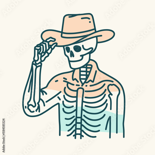 Skeleton as cowboy Tipping their hat. Cartoon Clipart Silhouette Vector Illustration Line Art Illustration. Bony gent in western garb giving headwear salute skull person gesture.