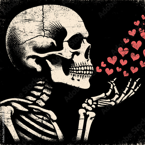Skeleton blowing kisses Valentine. Cartoon Clipart Silhouette Vector Illustration Line Art Illustration. Bony figure tossing a greeting on heart day love celebration romance theme.