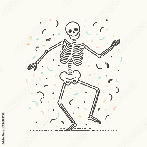 Skeleton dancing with confetti falling New Year celebration party. Cartoon Clipart Silhouette Vector Illustration Line Art Illustration. Bony figure boogie amid festive paper drop holiday.