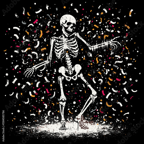 Skeleton dancing with confetti falling New Year celebration party. Cartoon Clipart Silhouette Vector Illustration Line Art Illustration. Bony figure jig streamer rain festive gala fresh.