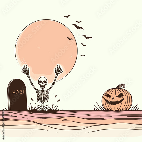 Skeleton emerging from a grave Halloween. Cartoon Clipart Silhouette Vector Illustration Line Art Illustration. Bone figure rising burial plot spooky night october holiday.