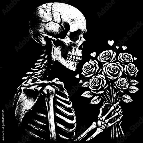 Skeleton giving a bouquet of roses Valentine. Cartoon Clipart Silhouette Vector Illustration Line Art Illustration. Bony figure presents floral gift love occasion picture for sweetheart day.