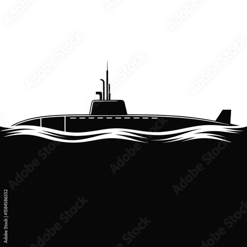 Black and white submarine silhouette on a white background with stylized waves