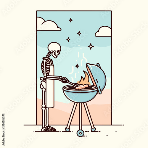 Skeleton grilling at a BBQ 4th of July. Cartoon Clipart Silhouette Vector Illustration Line Art Illustration. Bone figure cooks cookout during united states america holiday.
