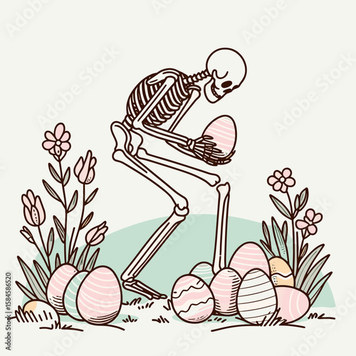 Skeleton hiding Easter eggs. Cartoon Clipart Silhouette Vector Illustration Line Art Illustration. Bony figure concealing springtime treats a fun activity for children.