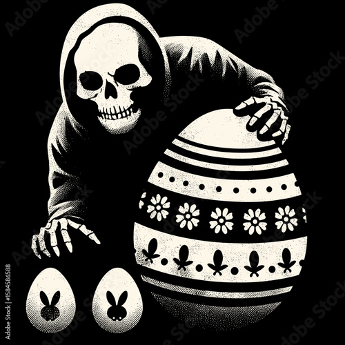 Skeleton hiding Easter eggs. Cartoon Clipart Silhouette Vector Illustration Line Art Illustration. Bony figure concealing festive treat for spring enjoyment.