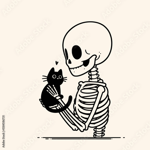 Skeleton holding a black cat. Cartoon Clipart Silhouette Vector Illustration Line Art Illustration. Bony figure carrying feline companion dark color spooky halloween theme.