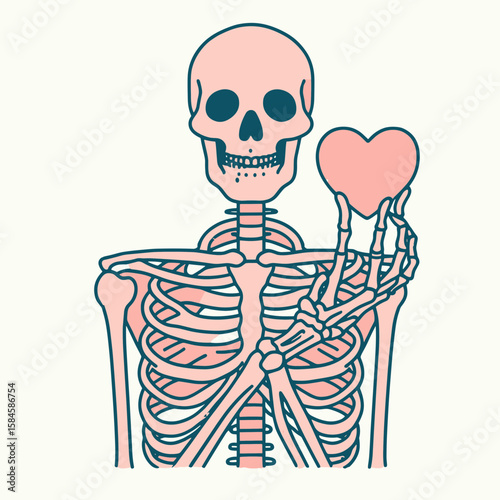 Skeleton holding a heart Valentine. Cartoon Clipart Silhouette Vector Illustration Line Art Illustration. Bony figure with affection symbol for romance card occasion.