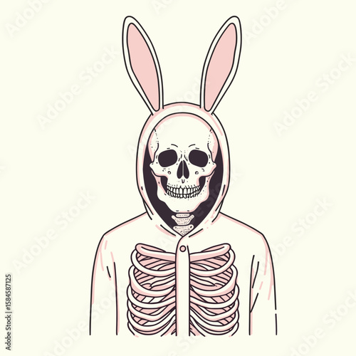 Skeleton in a Easter bunny costume. Cartoon Clipart Silhouette Vector Illustration Line Art Illustration. Bony figure wearing rabbit holiday garb bizarre image for springtime.