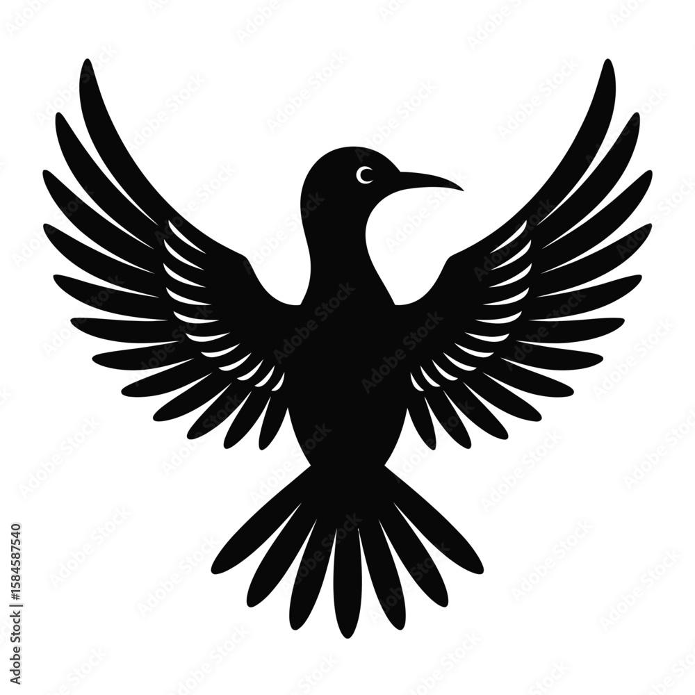 Fototapeta premium Black bird silhouette with outstretched wings on a white background