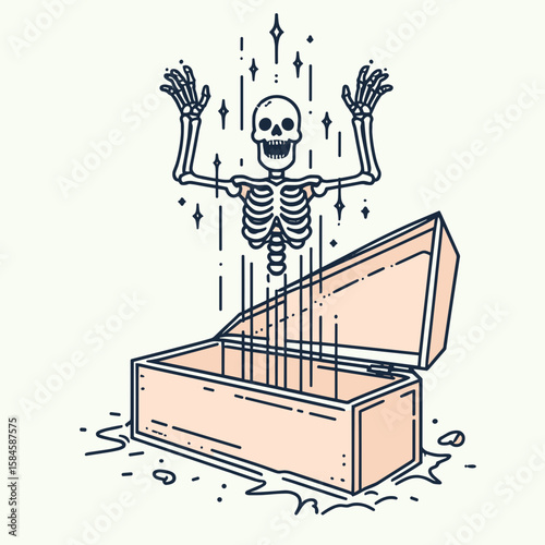 Skeleton popping out of a coffin. Cartoon Clipart Silhouette Vector Illustration Line Art Illustration. Bone figure emerging from box scary halloween scene creepy burial concept.