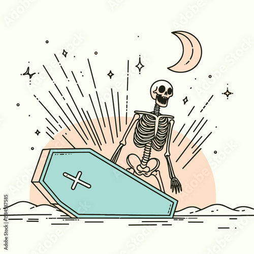 Skeleton popping out of a coffin. Cartoon Clipart Silhouette Vector Illustration Line Art Illustration. Bony figure emerging from box burial ground fright concept spooky theme.