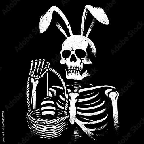 Skeleton with bunny ears holding an Easter basket. Cartoon Clipart Silhouette Vector Illustration Line Art Illustration. Bony figure rabbit ear carrying spring holiday container.