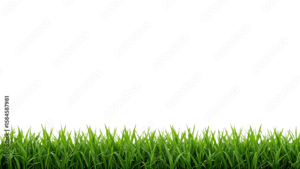 A patch of vibrant green grass is shown against a stark white background. A patch of vibrant green grass is shown against a stark white background.