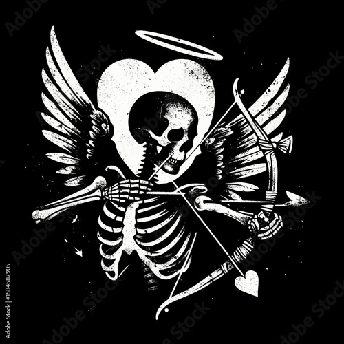 Skeleton with cupid wings and bow Valentine. Cartoon Clipart Silhouette Vector Illustration Line Art Illustration. Bony figure cherub flight arrow for romantic love occasion.