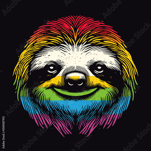 Smiling sloth with rainbow stripes on a black. Cartoon Clipart Silhouette Vector Illustration Line Art Illustration. Joyful tree dweller having colorful bands upon dark backdrop.