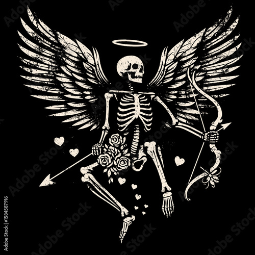 Skeleton with cupid wings and bow Valentine. Cartoon Clipart Silhouette Vector Illustration Line Art Illustration. Bony figure angel pinion arrow for affection holiday design.